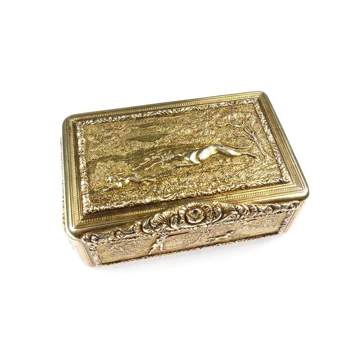 George IV silver gilt rectangular box with hunting scenes